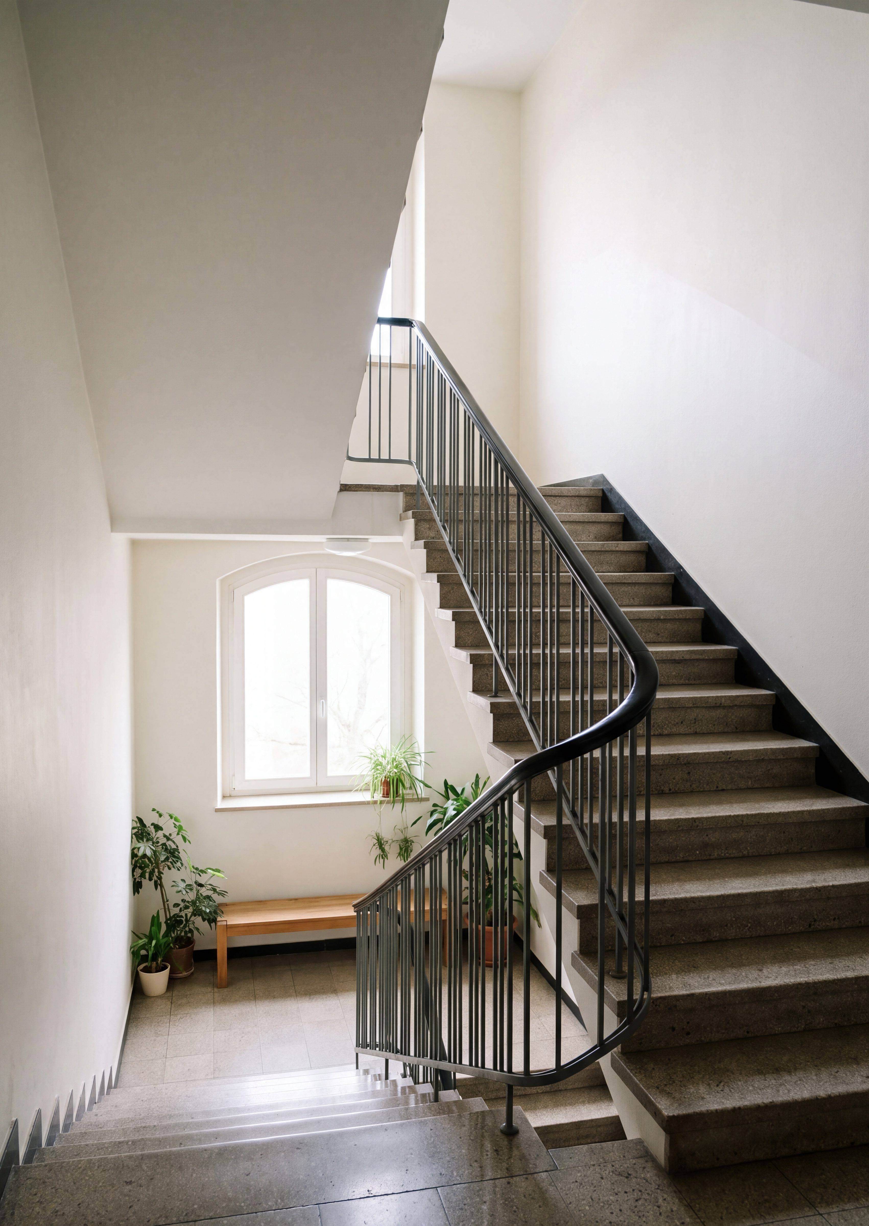 Treppenhaus mit Handlauf und Tageslicht
